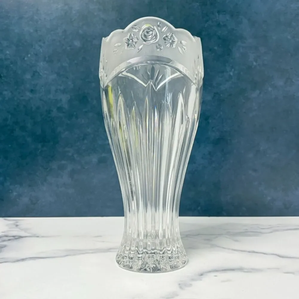 Heavy Clear Glass Vase Frosted Roses Scalloped Rim 10 in 4.3 lb